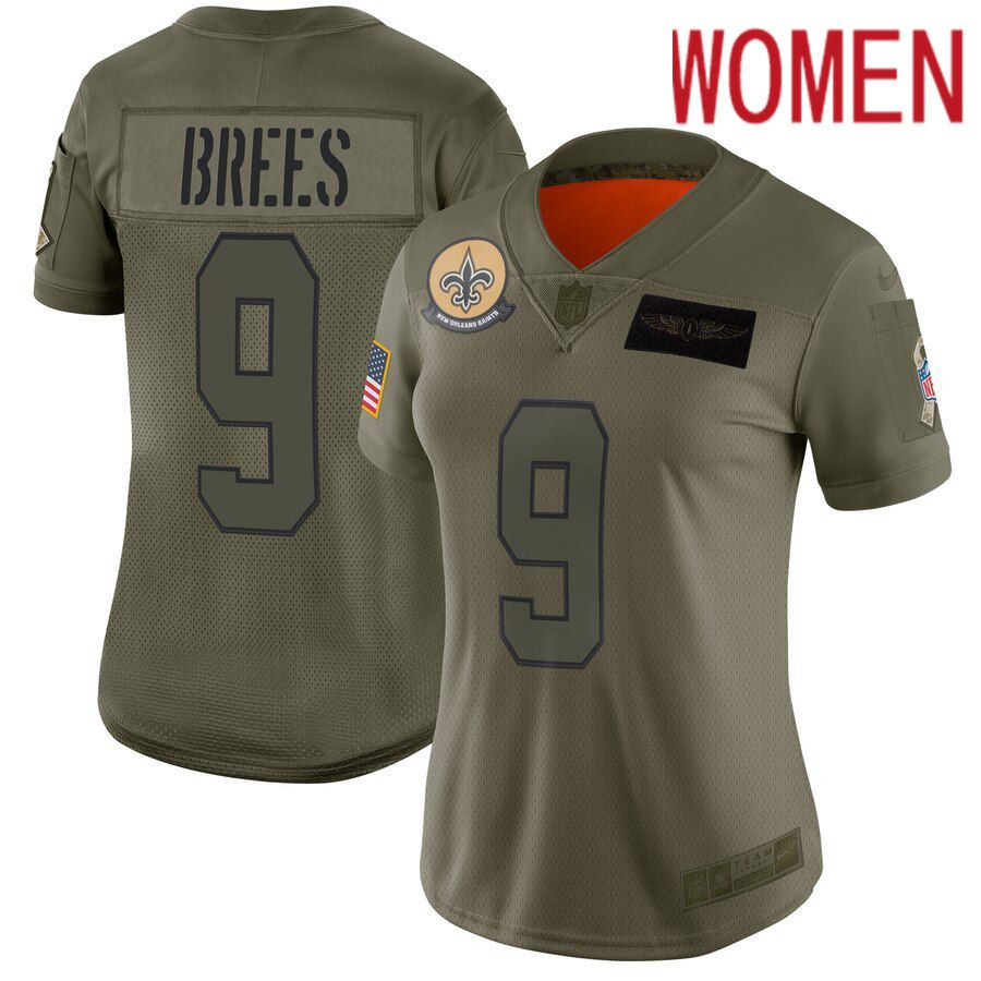 Women New Orleans Saints #9 Brees Green Nike Olive Salute To Service Limited NFL Jerseys->women nfl jersey->Women Jersey